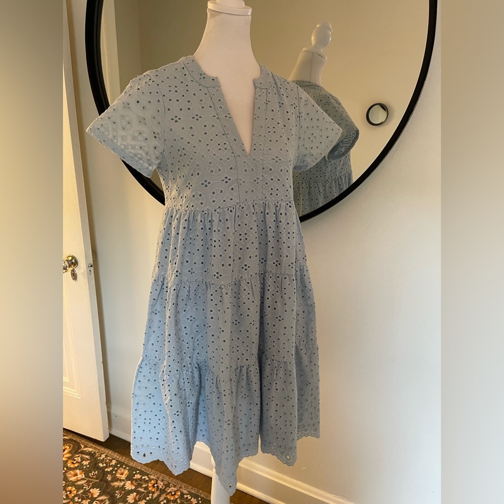 Blue Eyelet Tiered V-Neck Women's Dress - Picture 2 of 8